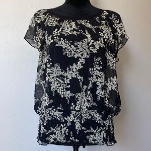 Sheer Black + White Floral Shirred Blouse w/ Lace Neckline - MKM Designs
